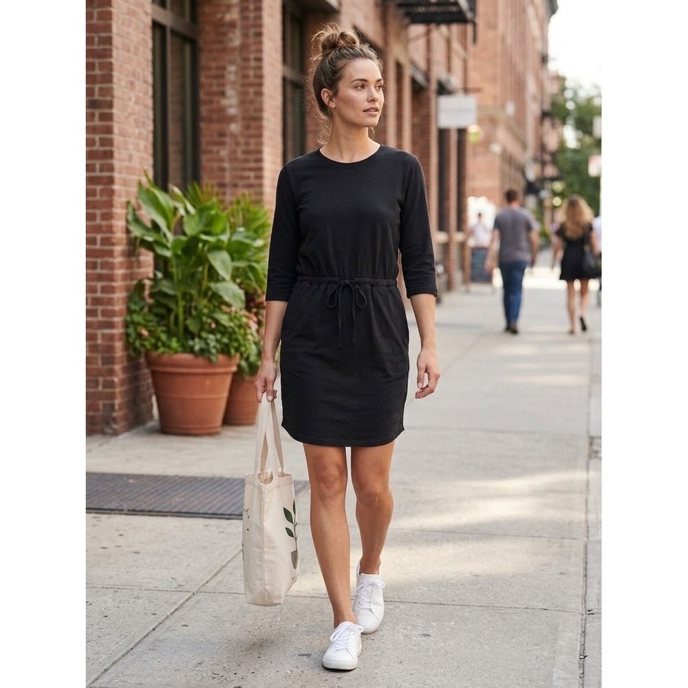 Pact Organic Cotton Drawstring Waist Dress Black Elbow Sleeve Pocketed Large